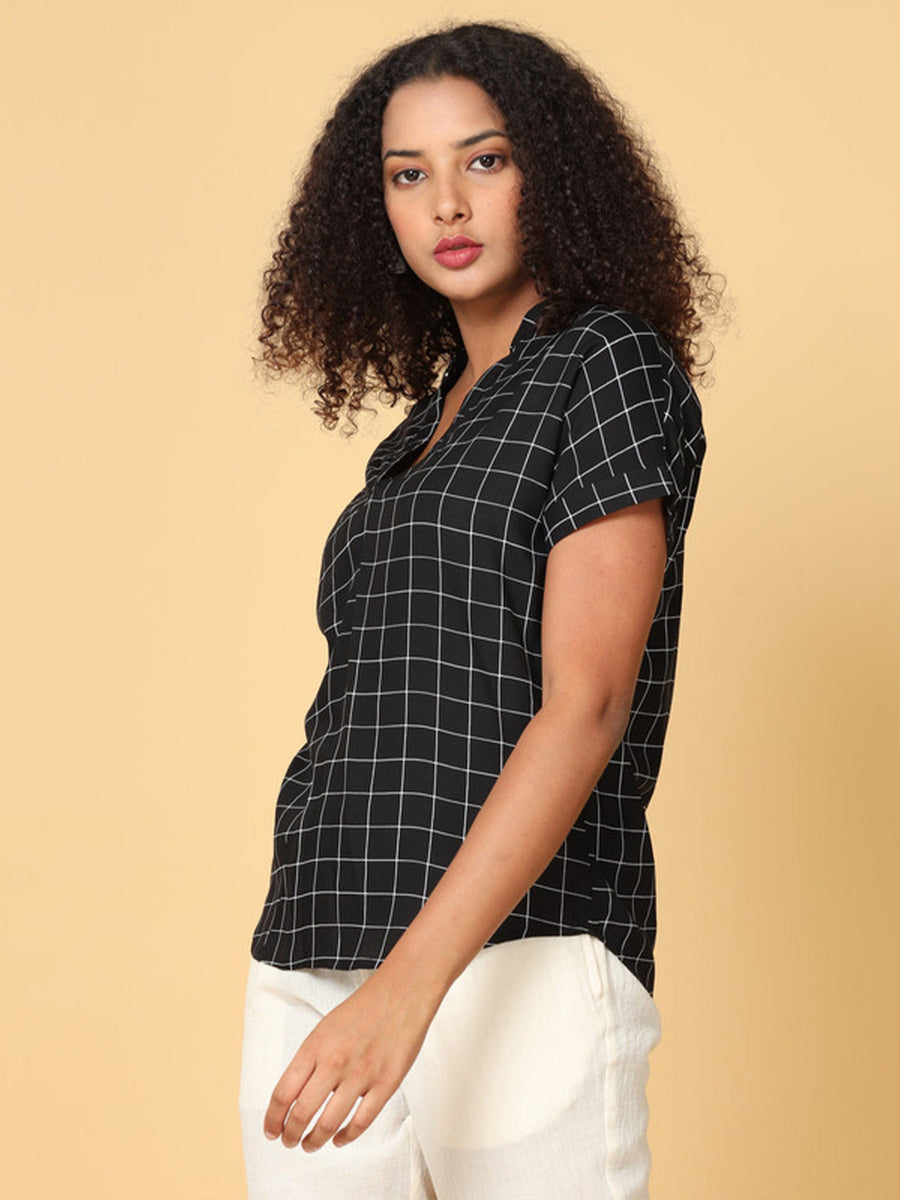 Women Black Short Sleeves Rayon Checks Western Short Length Mandarin Collar Top