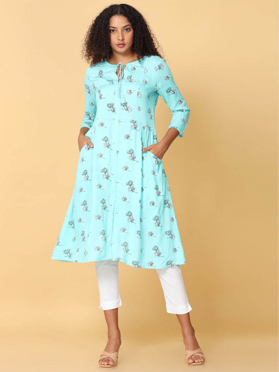 Hassu's Women Blue 3/4Th Sleeves Viscose Floral Print A-Line Calf Length Key Hole Neckline Kurta