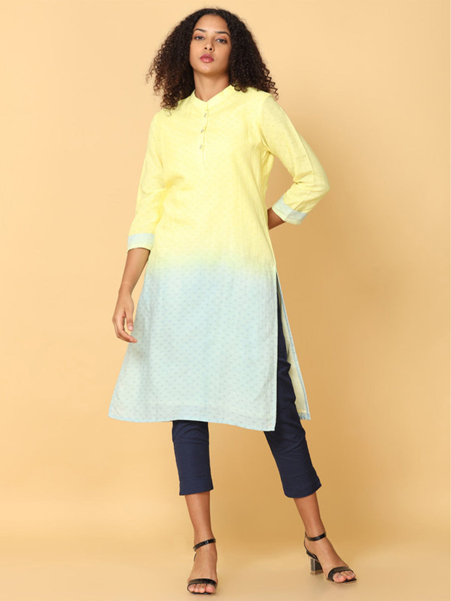 Hassu's Women Yellow 3/4Th Sleeves Cotton Ombre Dobby Striped Regular Calf Length Mandarin Collar Kurta