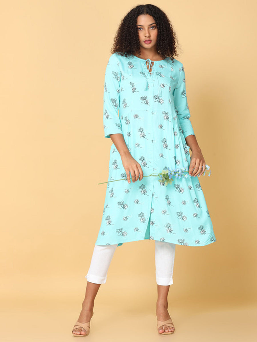 Hassu's Women Blue 3/4Th Sleeves Viscose Floral Print A-Line Calf Length Key Hole Neckline Kurta