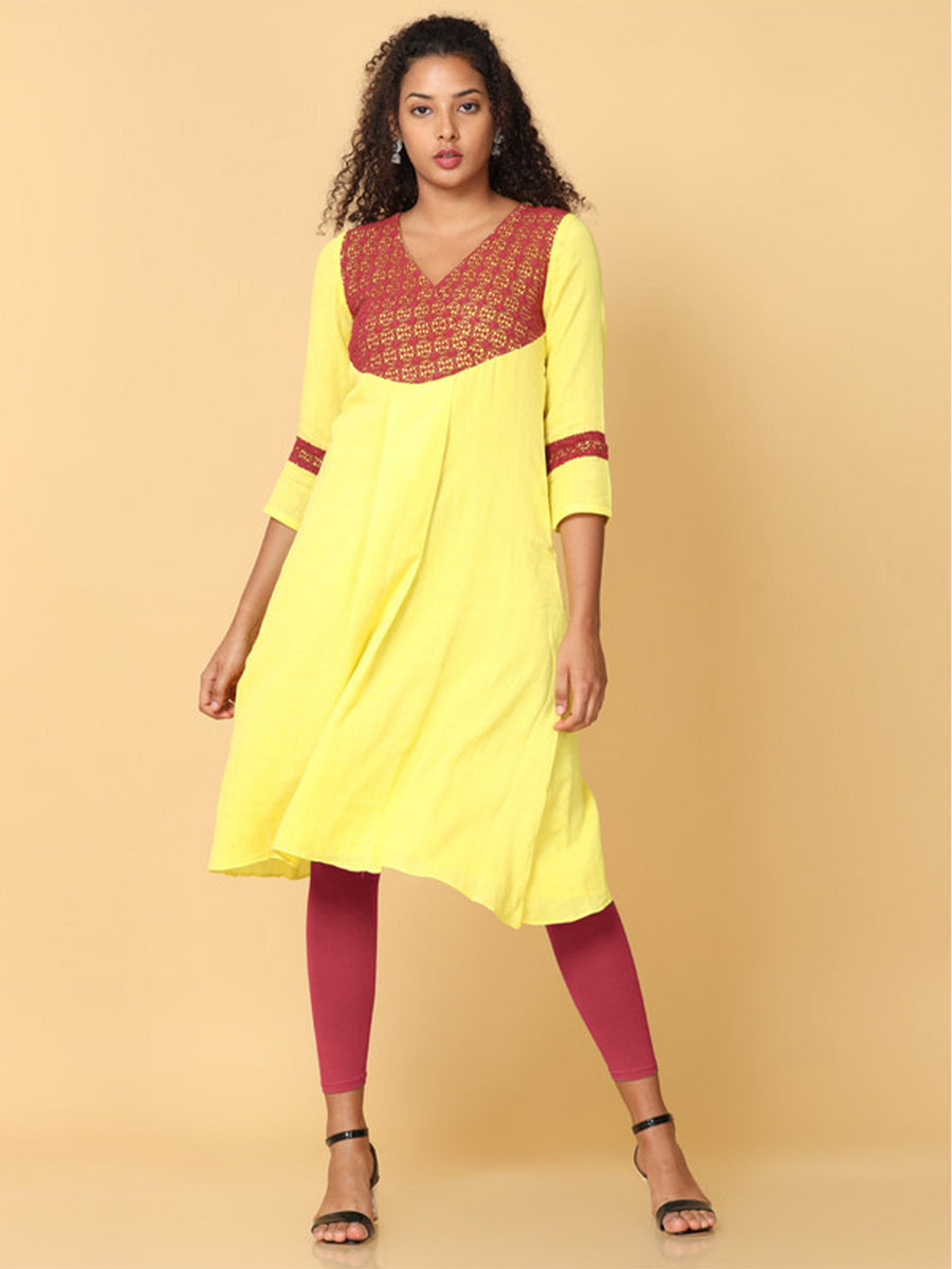 Hassu's Women Yellow 3/4Th Sleeves Cotton Solid A-Line Calf Length V Neck Kurta