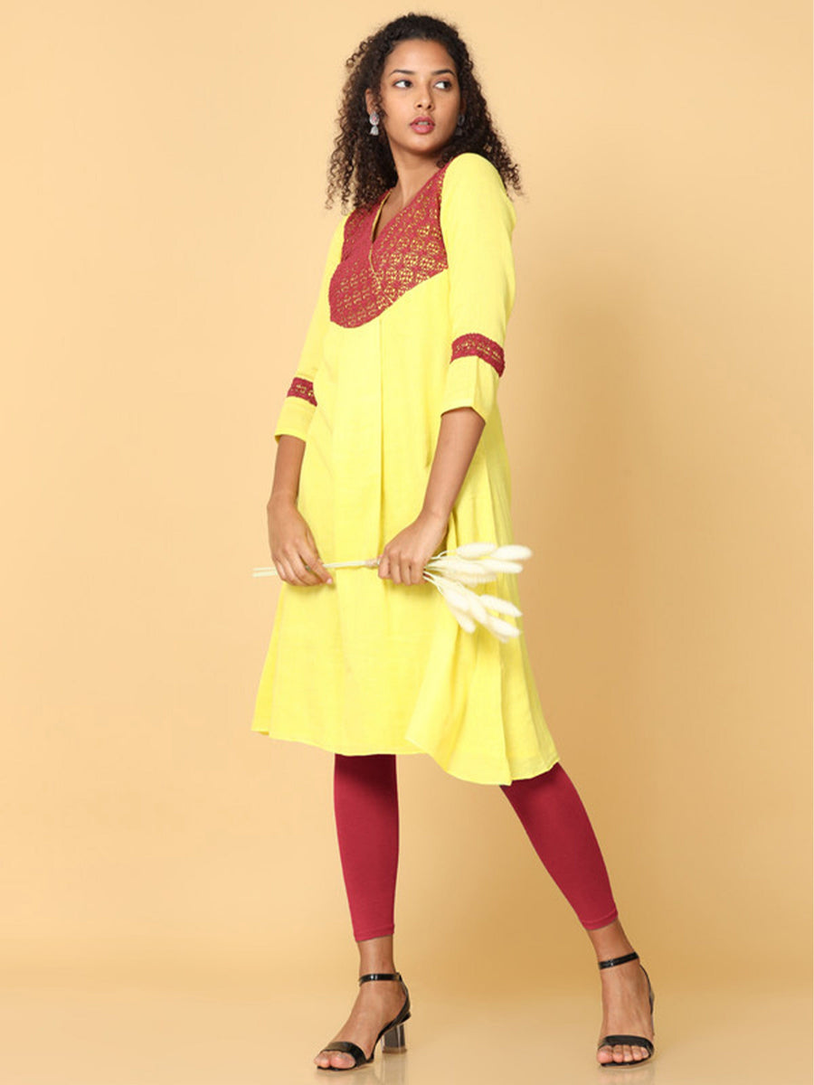 Hassu's Women Yellow 3/4Th Sleeves Cotton Solid A-Line Calf Length V Neck Kurta