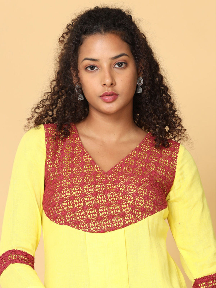 Hassu's Women Yellow 3/4Th Sleeves Cotton Solid A-Line Calf Length V Neck Kurta