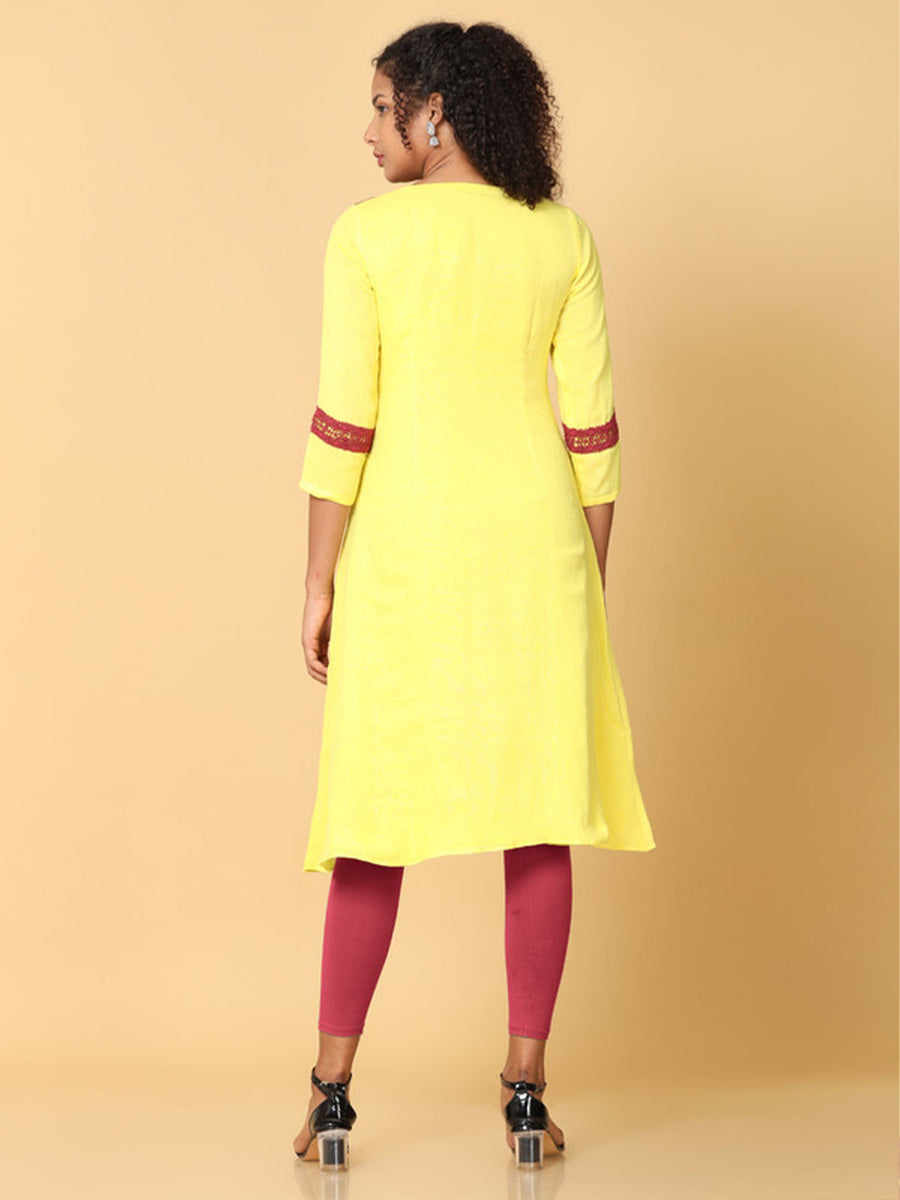 Hassu's Women Yellow 3/4Th Sleeves Cotton Solid A-Line Calf Length V Neck Kurta