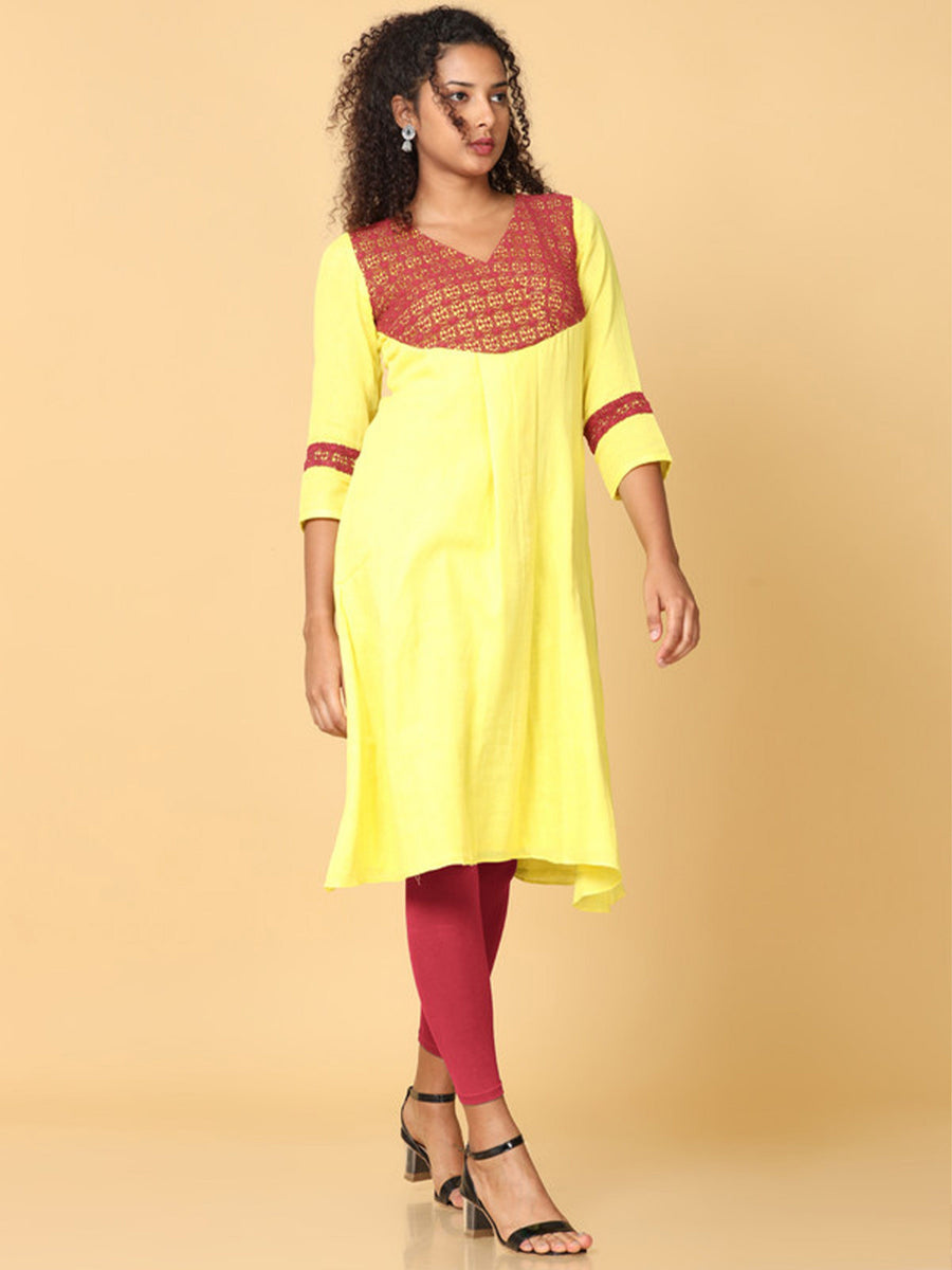 Hassu's Women Yellow 3/4Th Sleeves Cotton Solid A-Line Calf Length V Neck Kurta