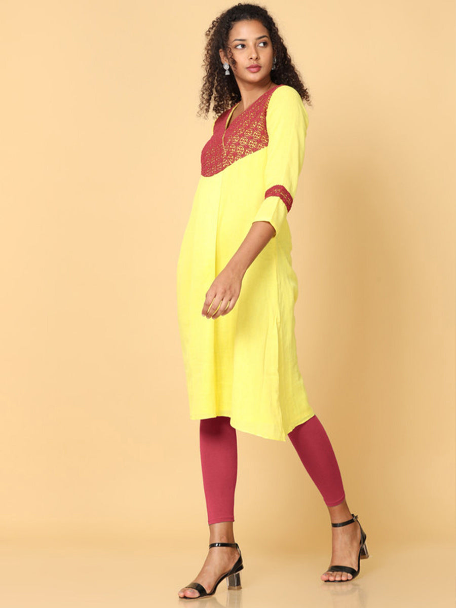 Hassu's Women Yellow 3/4Th Sleeves Cotton Solid A-Line Calf Length V Neck Kurta