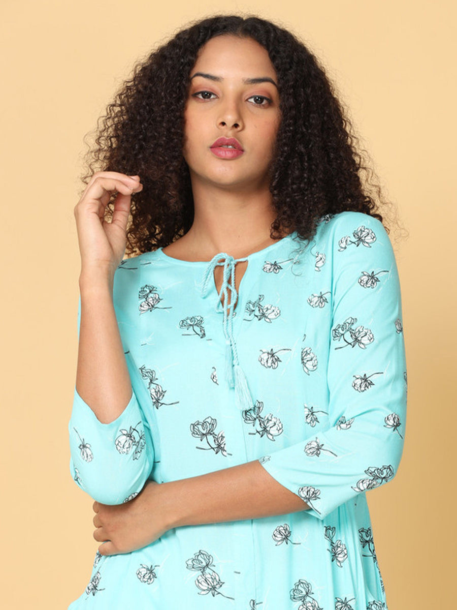 Hassu's Women Blue 3/4Th Sleeves Viscose Floral Print A-Line Calf Length Key Hole Neckline Kurta