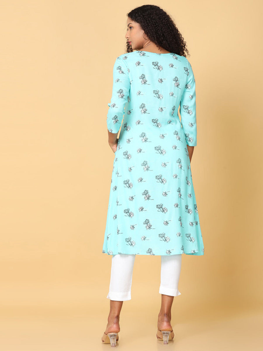 Hassu's Women Blue 3/4Th Sleeves Viscose Floral Print A-Line Calf Length Key Hole Neckline Kurta