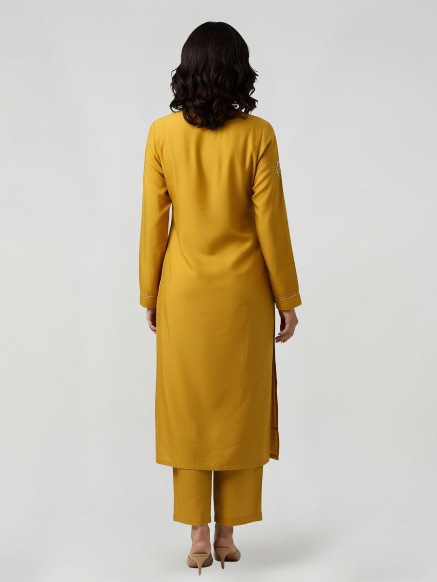 Mustard Yellow Full Sleeves Cotton Silk Gold Thread Work Calf Length Kurta Set - With Dupatta
