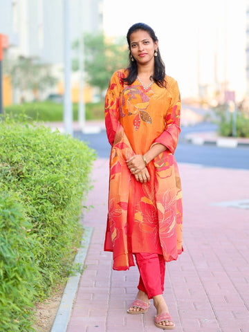 Hot Orange 3/4th Sleeves Tissue Printed V-neck Straight-cut Kurta Set - With Dupatta