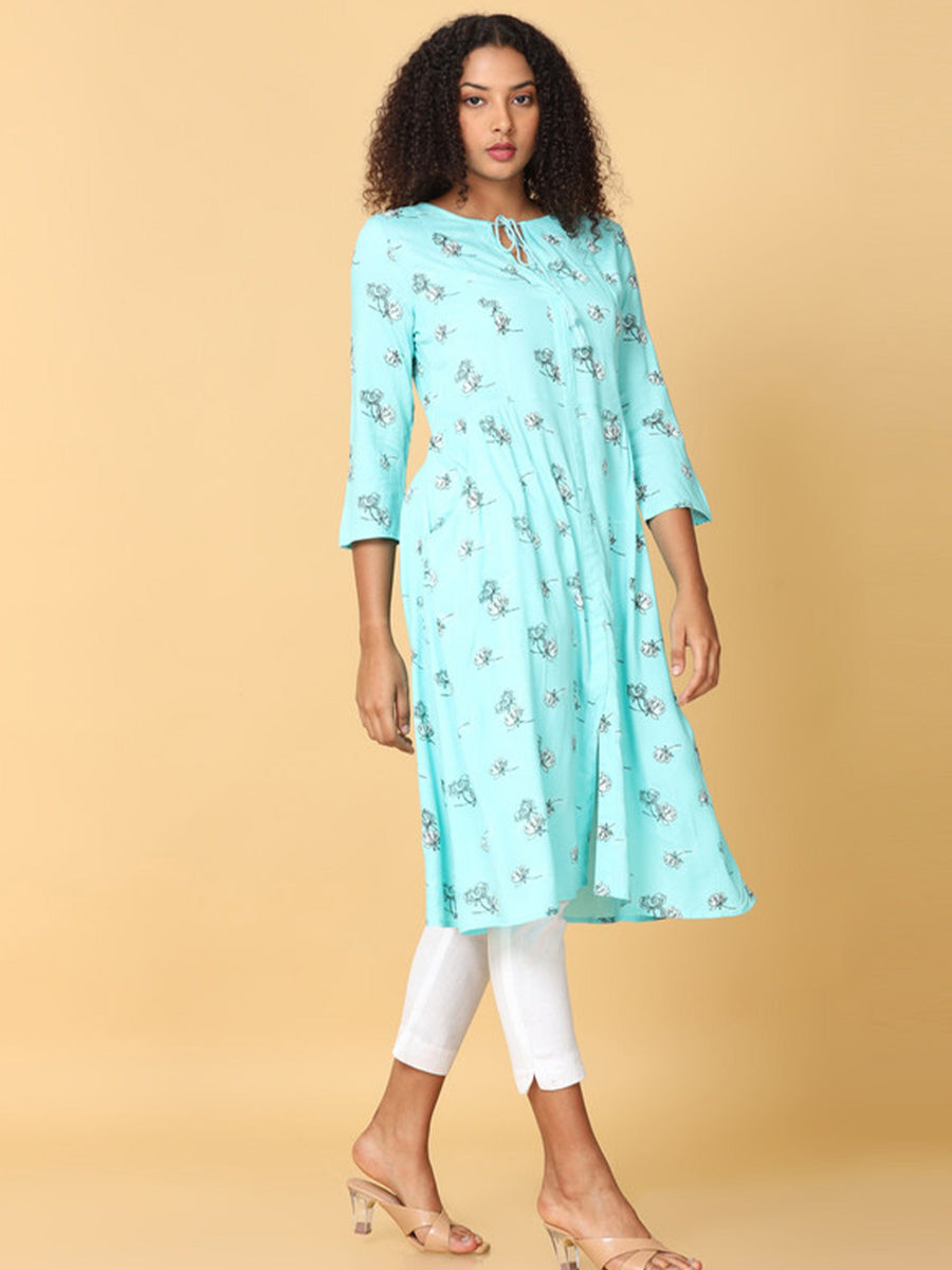 Hassu's Women Blue 3/4Th Sleeves Viscose Floral Print A-Line Calf Length Key Hole Neckline Kurta