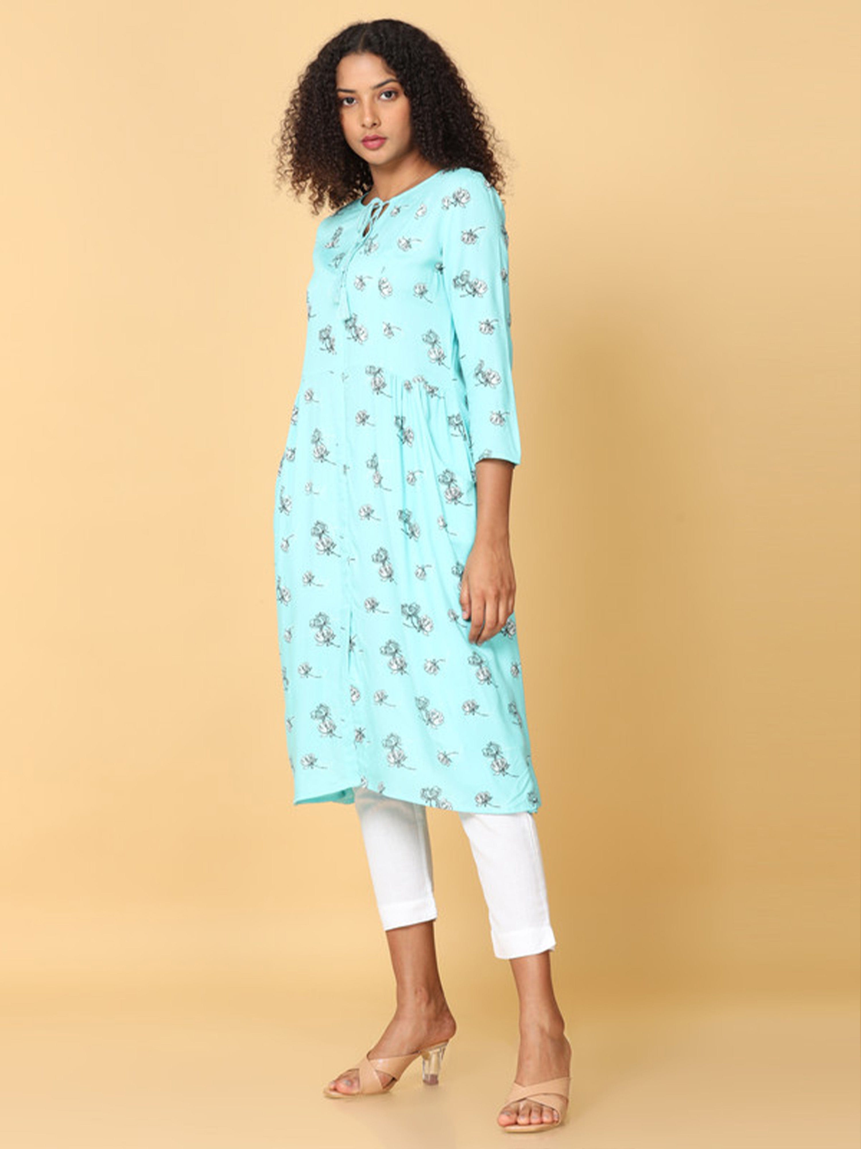Hassu's Women Blue 3/4Th Sleeves Viscose Floral Print A-Line Calf Length Key Hole Neckline Kurta