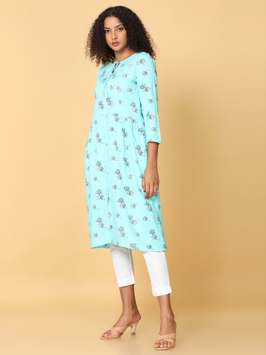 Hassu's Women Blue 3/4Th Sleeves Viscose Floral Print A-Line Calf Length Key Hole Neckline Kurta