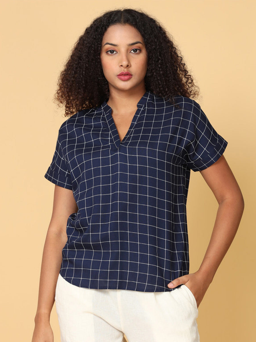 Women Blue Short Sleeves Rayon Checks top