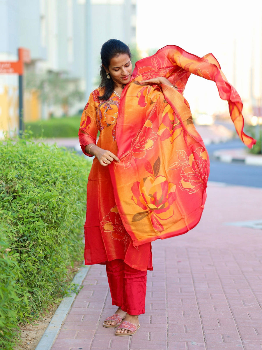 Hot Orange 3/4th Sleeves Tissue Printed V-neck Straight-cut Kurta Set - With Dupatta