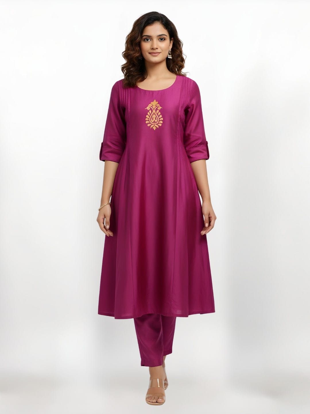 Regal Dark Pink Anarkali Kurta Set with Golden Embroidery