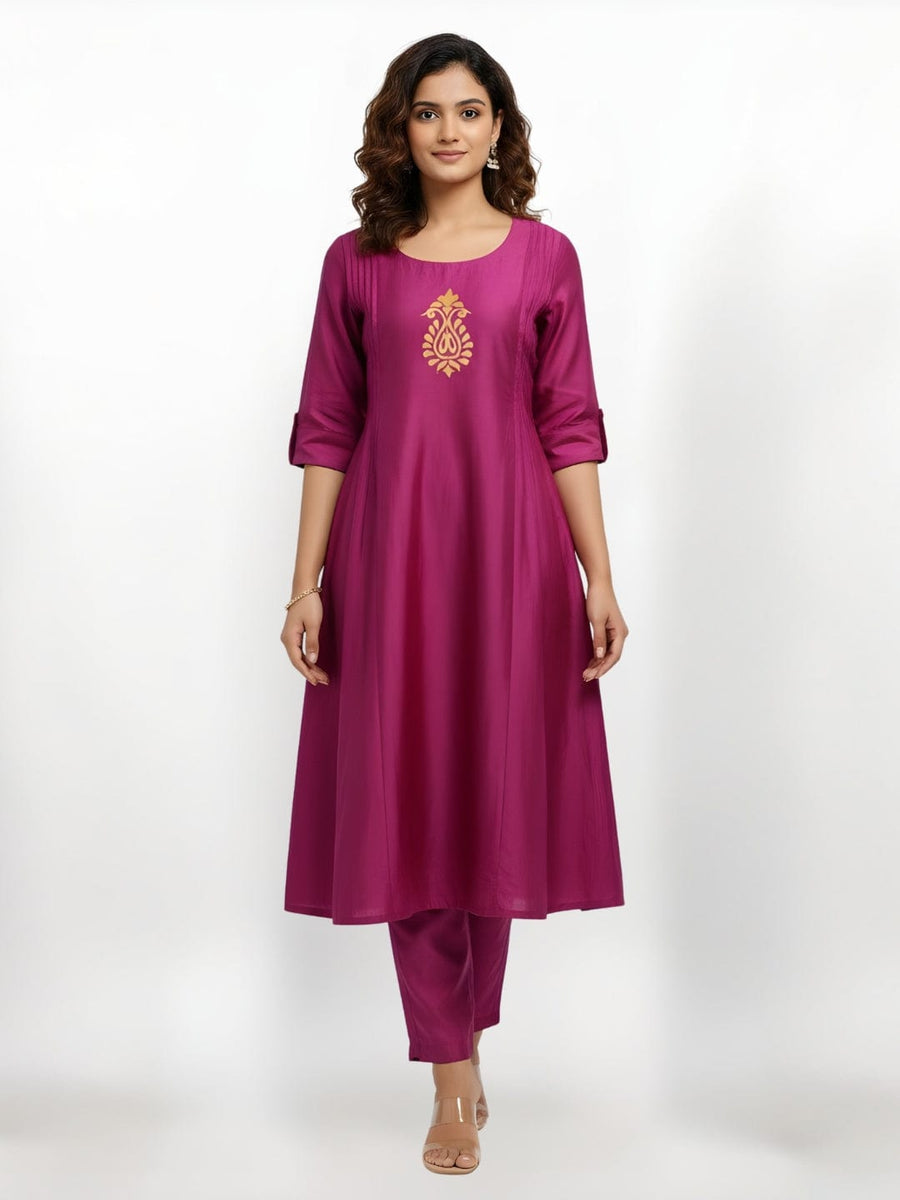 Regal Dark Pink Anarkali Kurta Set with Golden Embroidery