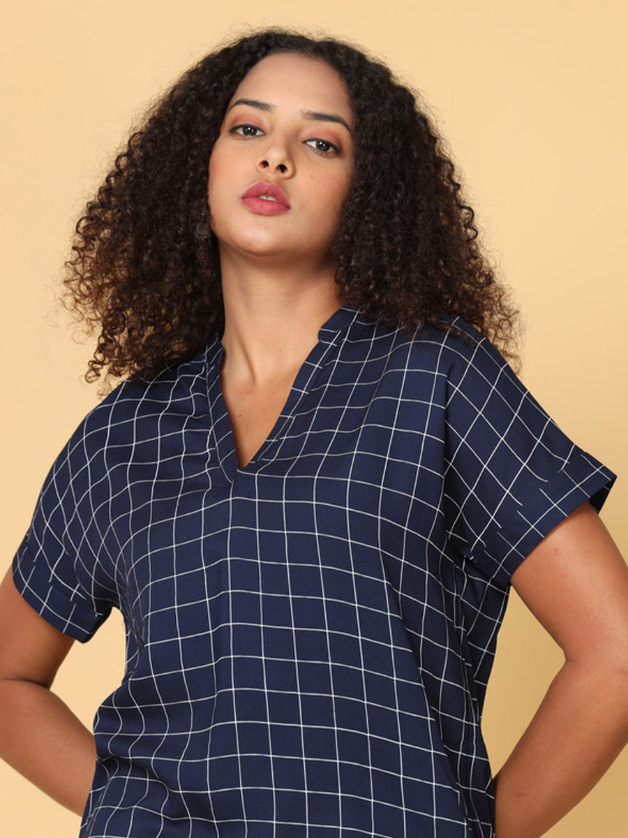 Women Blue Short Sleeves Rayon Checks top