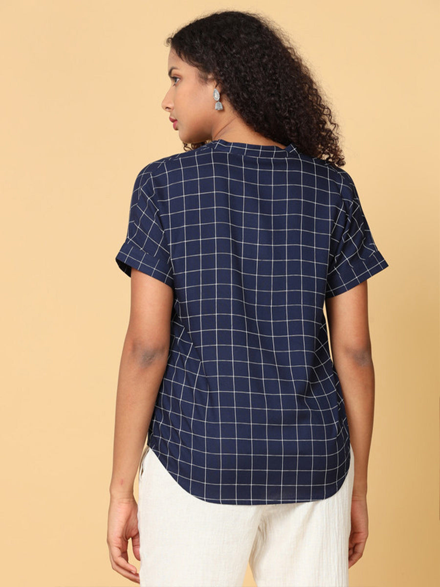 Women Blue Short Sleeves Rayon Checks top