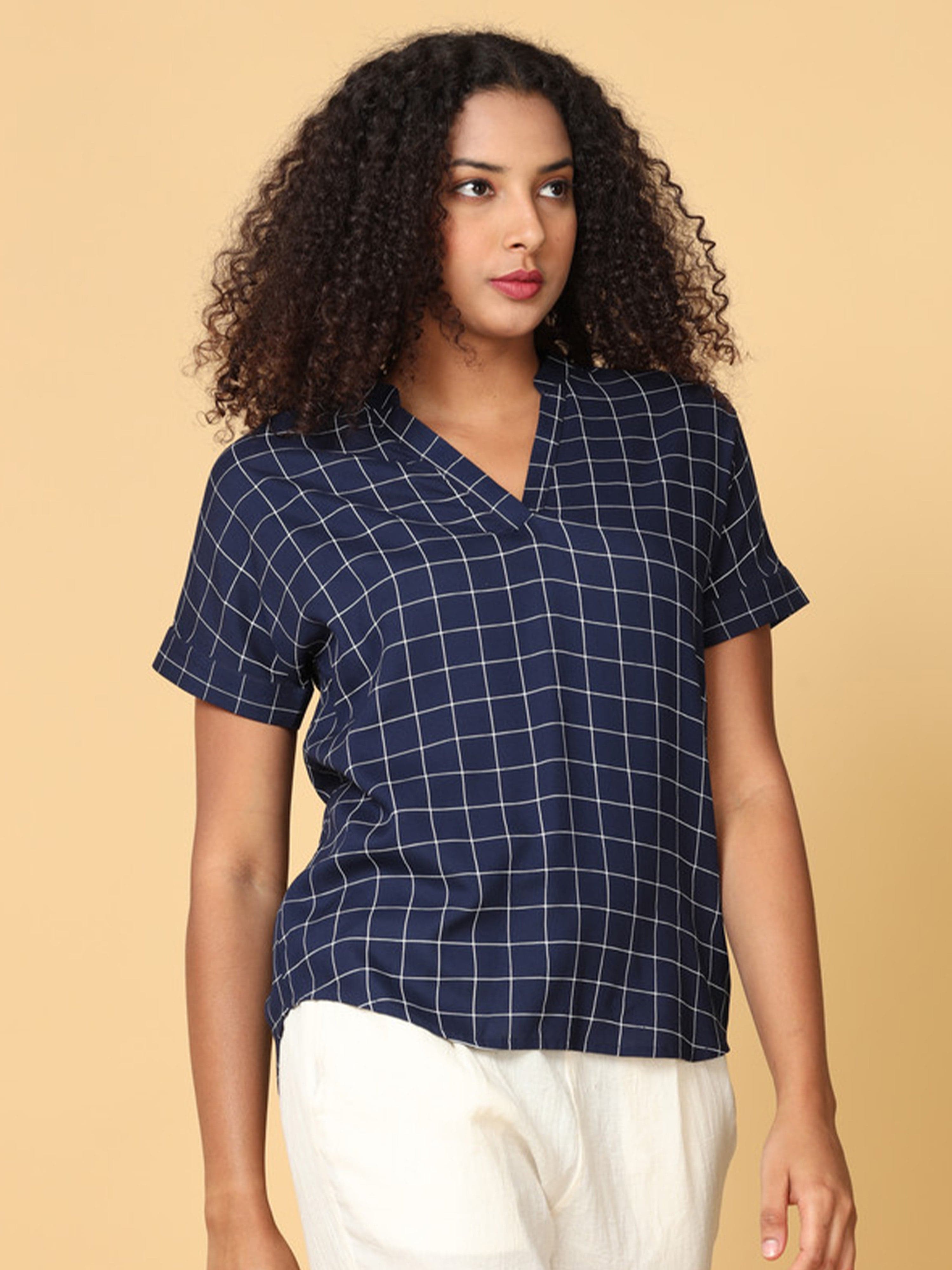 Women Blue Short Sleeves Rayon Checks top