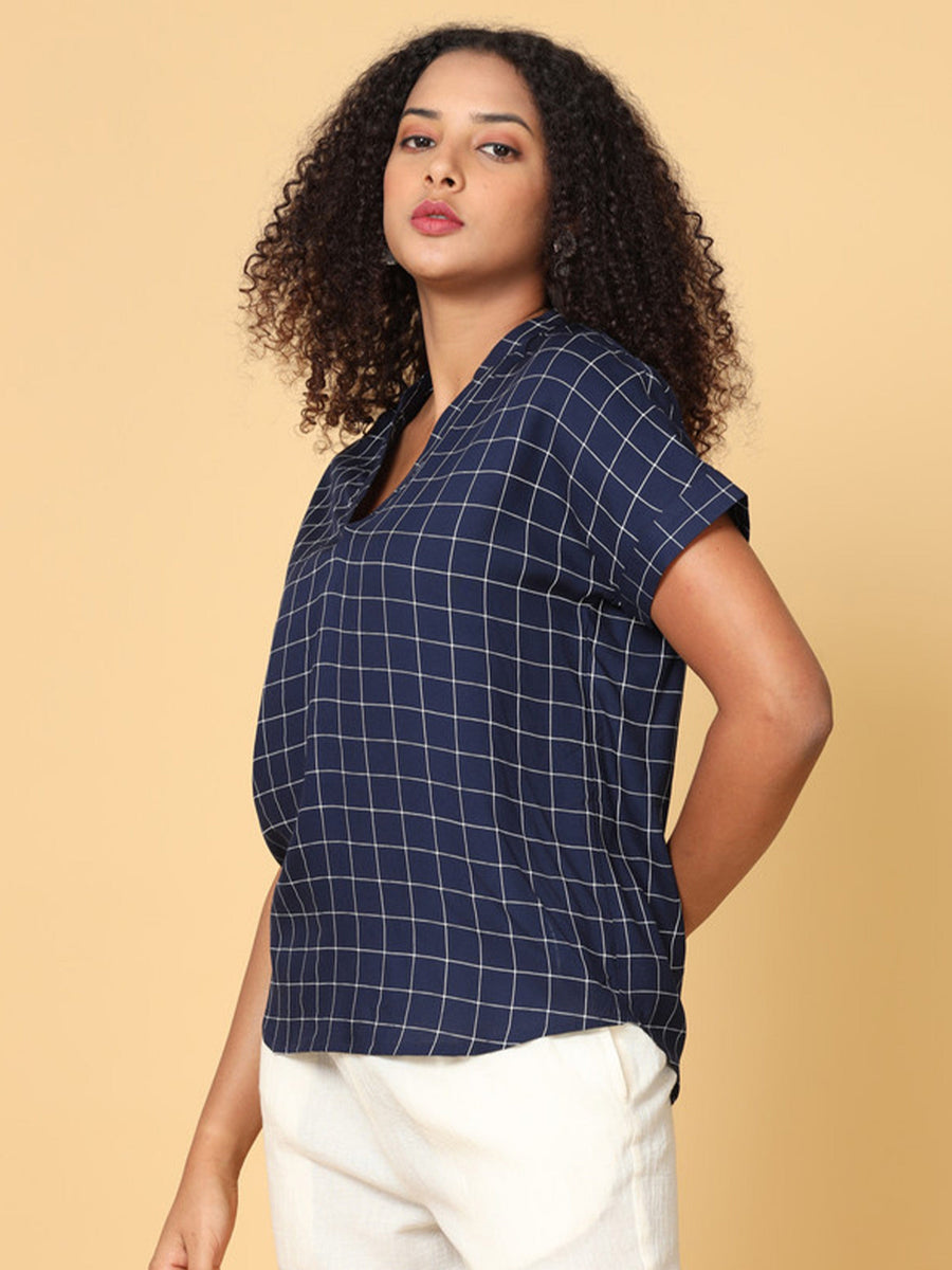 Women Blue Short Sleeves Rayon Checks top