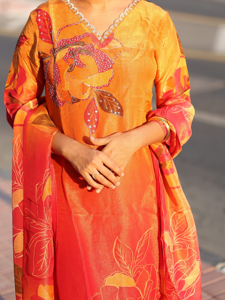 Hot Orange 3/4th Sleeves Tissue Printed V-neck Straight-cut Kurta Set - With Dupatta