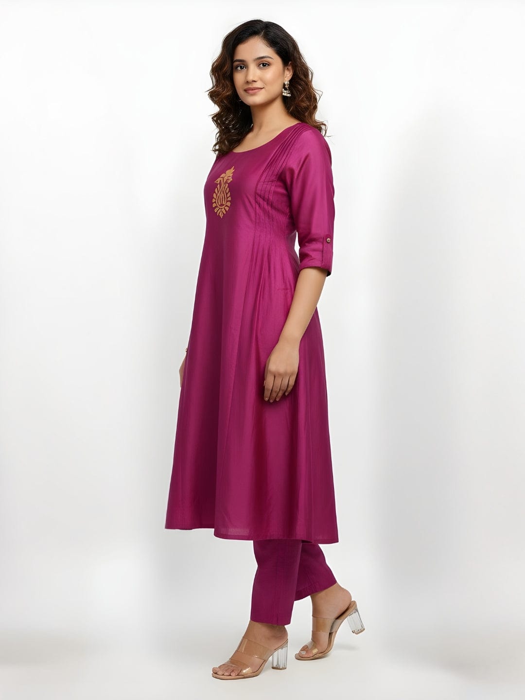 Regal Dark Pink Anarkali Kurta Set with Golden Embroidery