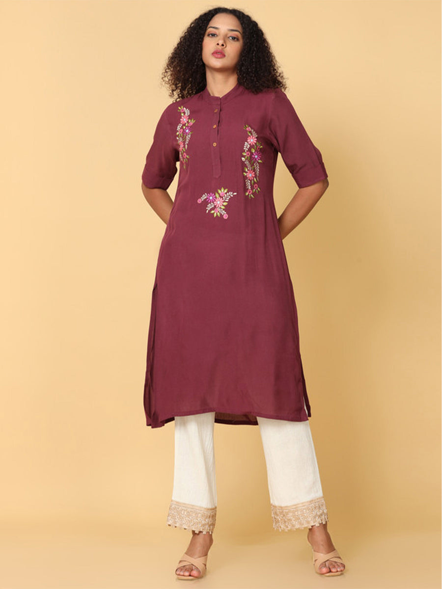 Hassu's Women Brown Elbow Sleeves Rayon Floral Embroidery Regular Calf Length Mandarin Collar Kurta