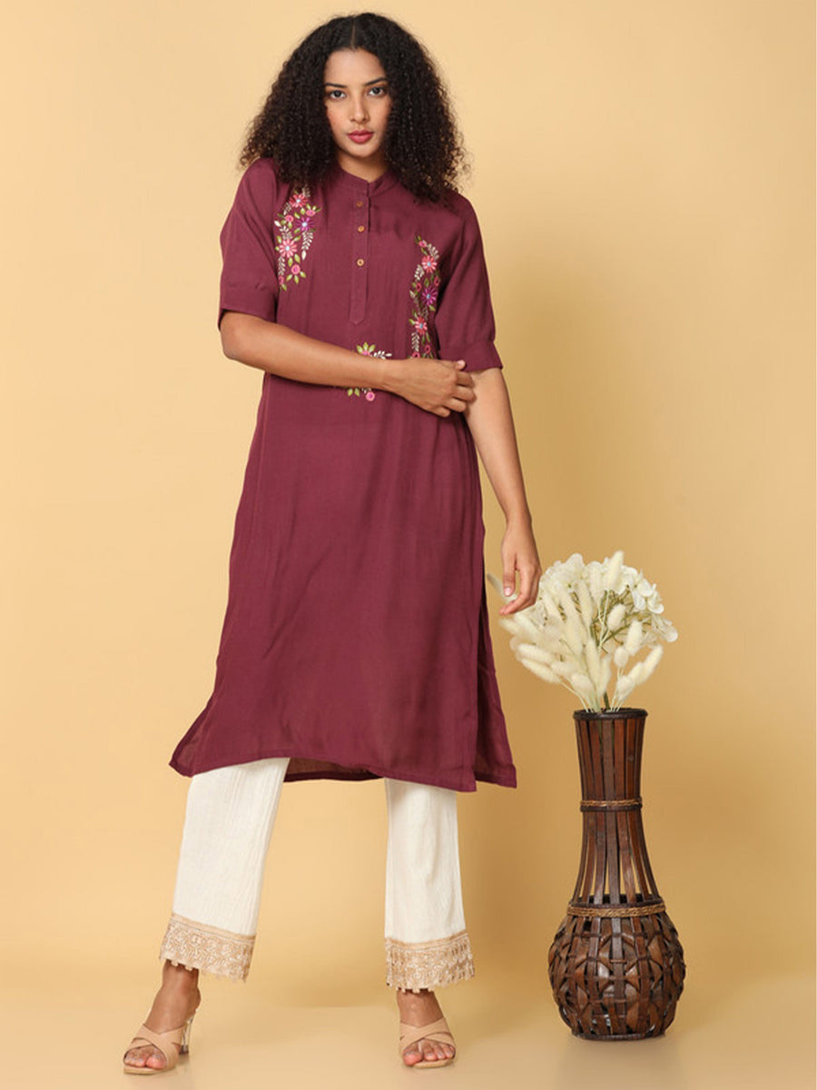 Hassu's Women Brown Elbow Sleeves Rayon Floral Embroidery Regular Calf Length Mandarin Collar Kurta