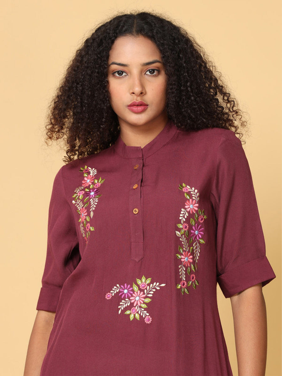 Hassu's Women Brown Elbow Sleeves Rayon Floral Embroidery Regular Calf Length Mandarin Collar Kurta