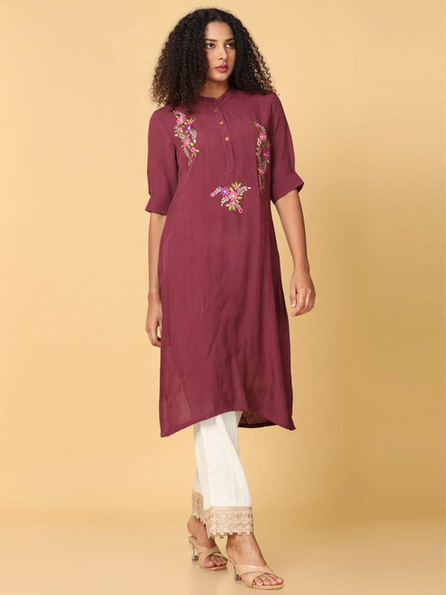 Hassu's Women Brown Elbow Sleeves Rayon Floral Embroidery Regular Calf Length Mandarin Collar Kurta