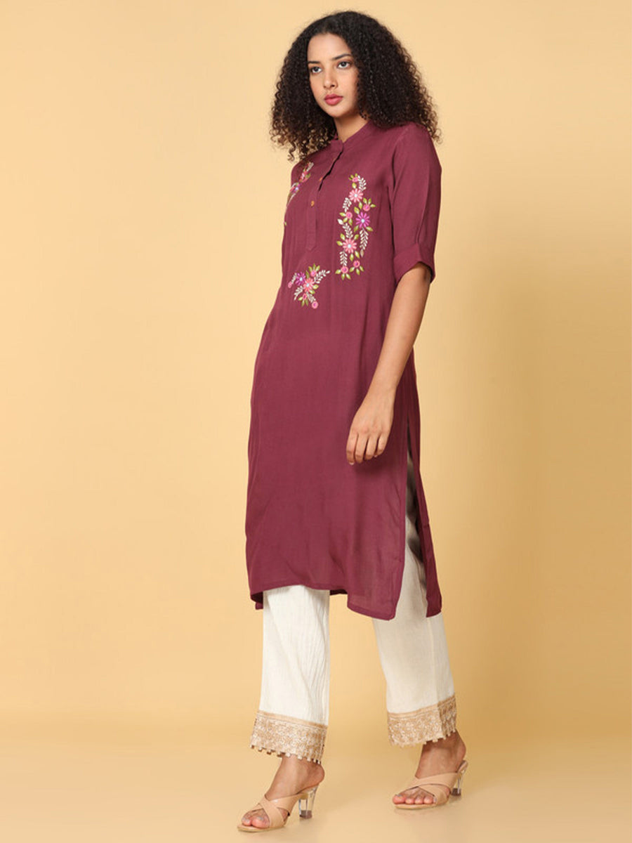 Hassu's Women Brown Elbow Sleeves Rayon Floral Embroidery Regular Calf Length Mandarin Collar Kurta