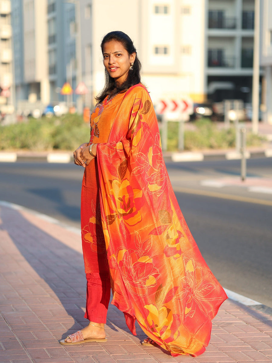 Hot Orange 3/4th Sleeves Tissue Printed V-neck Straight-cut Kurta Set - With Dupatta