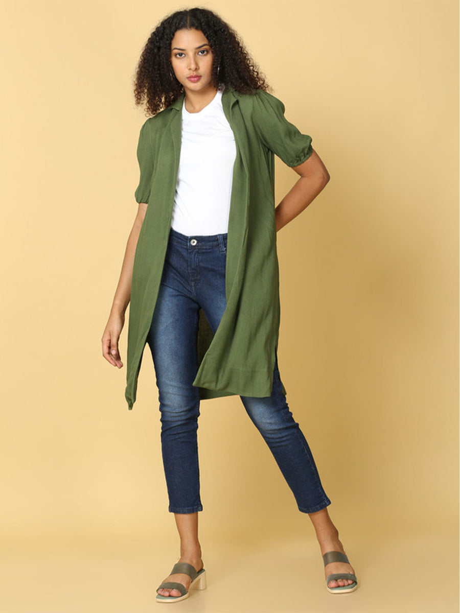 Hassu's Women Dark Green Puff Sleeves Crepe Solid Retro Knee Length Notched Shirt Collar Shrug