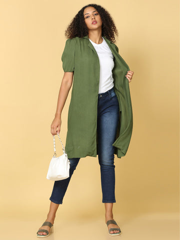 Hassu's Women Dark Green Puff Sleeves Crepe Solid Retro Knee Length Notched Shirt Collar Shrug