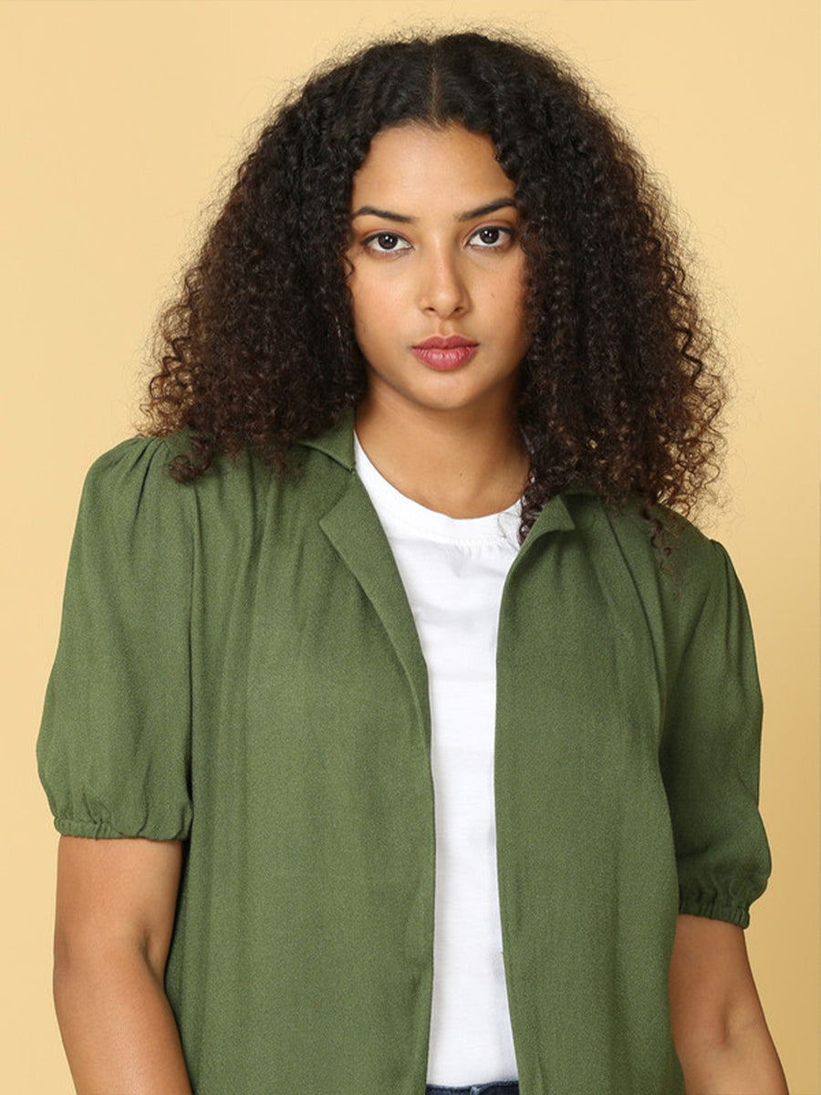 Hassu's Women Dark Green Puff Sleeves Crepe Solid Retro Knee Length Notched Shirt Collar Shrug