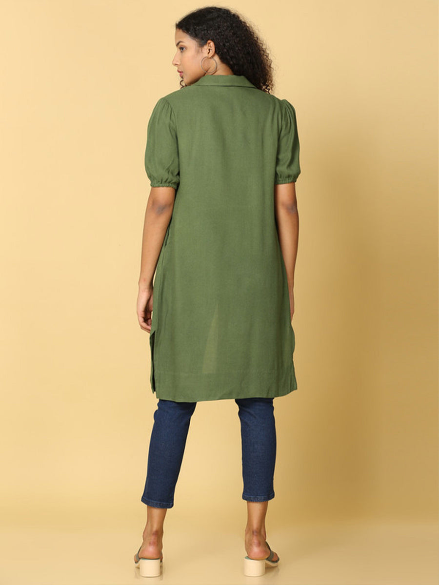 Hassu's Women Dark Green Puff Sleeves Crepe Solid Retro Knee Length Notched Shirt Collar Shrug