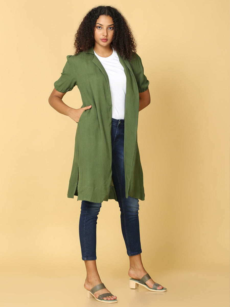 Hassu's Women Dark Green Puff Sleeves Crepe Solid Retro Knee Length Notched Shirt Collar Shrug