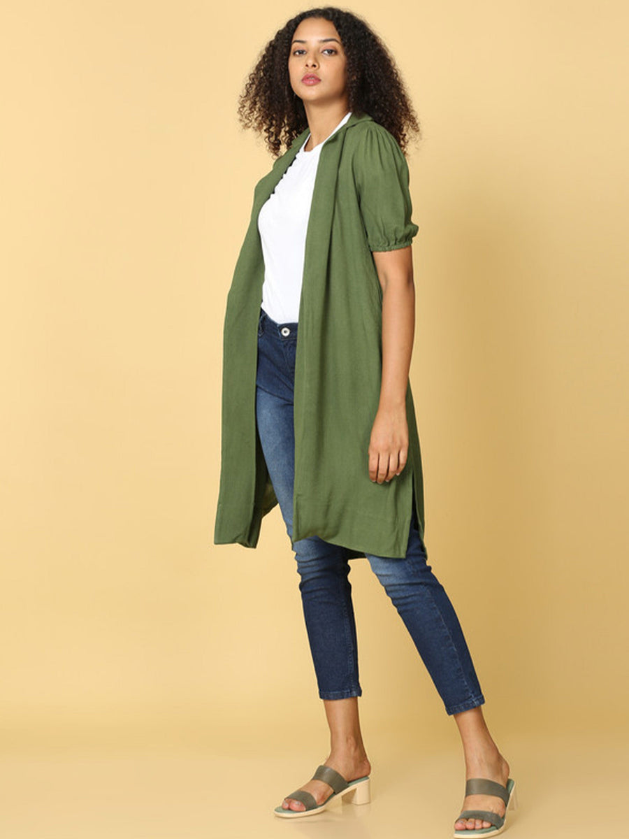 Hassu's Women Dark Green Puff Sleeves Crepe Solid Retro Knee Length Notched Shirt Collar Shrug