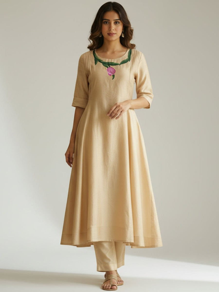 Biscuit Elbow Sleeves Chanderi Knife pleats at the front Calf length Kurta Set - Without Dupatta