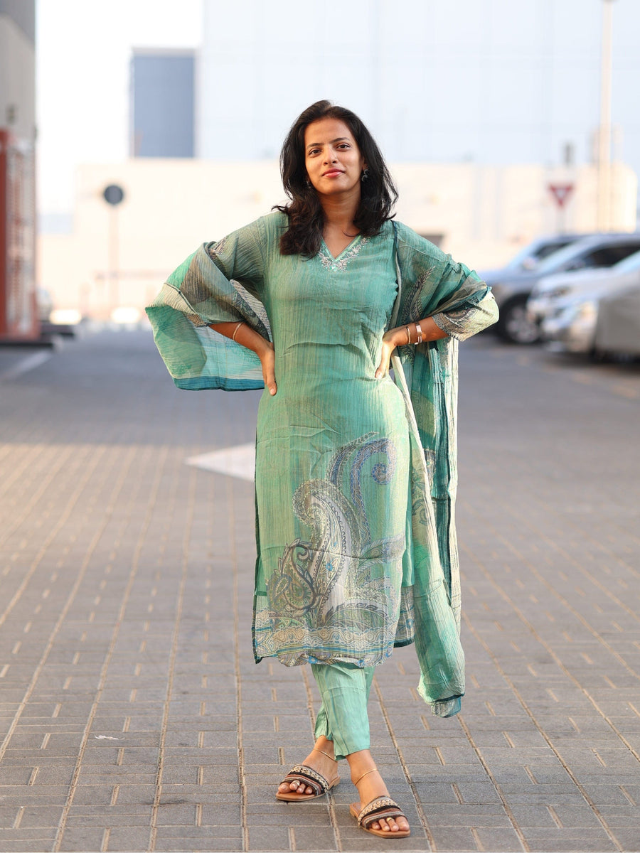 Sea Green 3/4th Sleeves Tissue Paisley Design Pull-on style Calf Length Straight-cut Kurta Set - With Dupatta