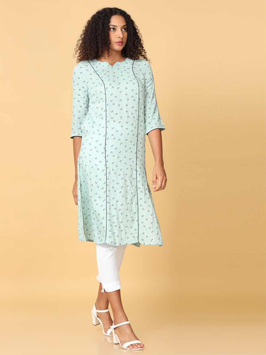 Hassu's Women Green 3/4Th Sleeves Rayon Floral Print Regular Calf Length Henley Neck Kurta