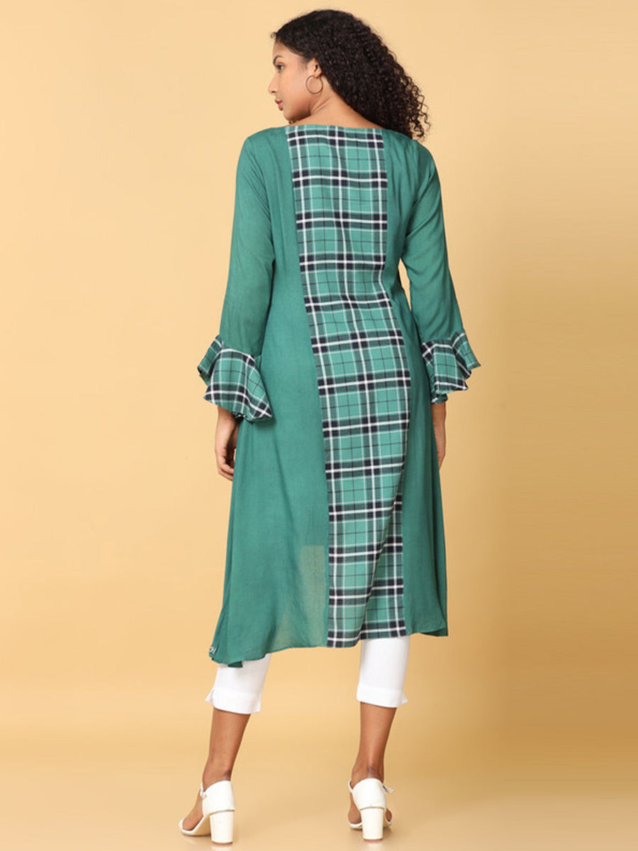 Hassu's Women Green Frill  Sleeves Rayon Check Pattern Asymmetric Kurthi Calf Length Jewel Neck Kurta