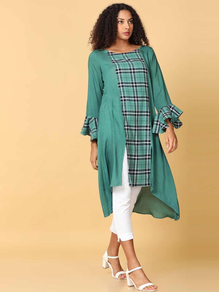 Hassu's Women Green Frill  Sleeves Rayon Check Pattern Asymmetric Kurthi Calf Length Jewel Neck Kurta