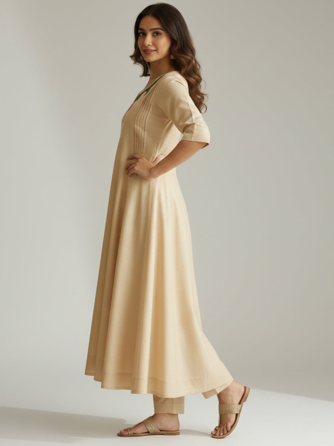 Biscuit Elbow Sleeves Chanderi Knife pleats at the front Calf length Kurta Set - Without Dupatta