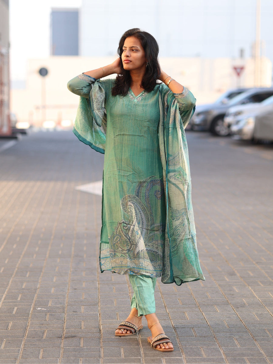 Sea Green 3/4th Sleeves Tissue Paisley Design Pull-on style Calf Length Straight-cut Kurta Set - With Dupatta