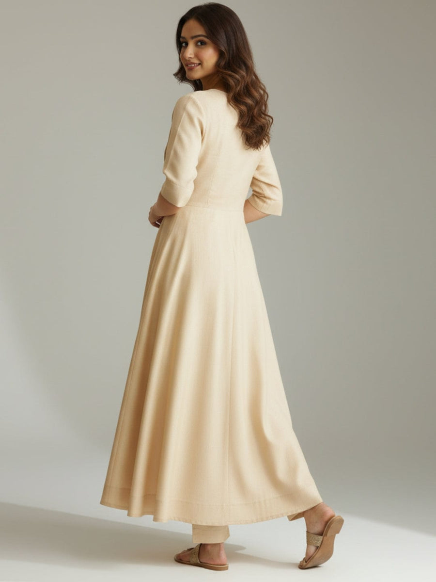 Biscuit Elbow Sleeves Chanderi Knife pleats at the front Calf length Kurta Set - Without Dupatta