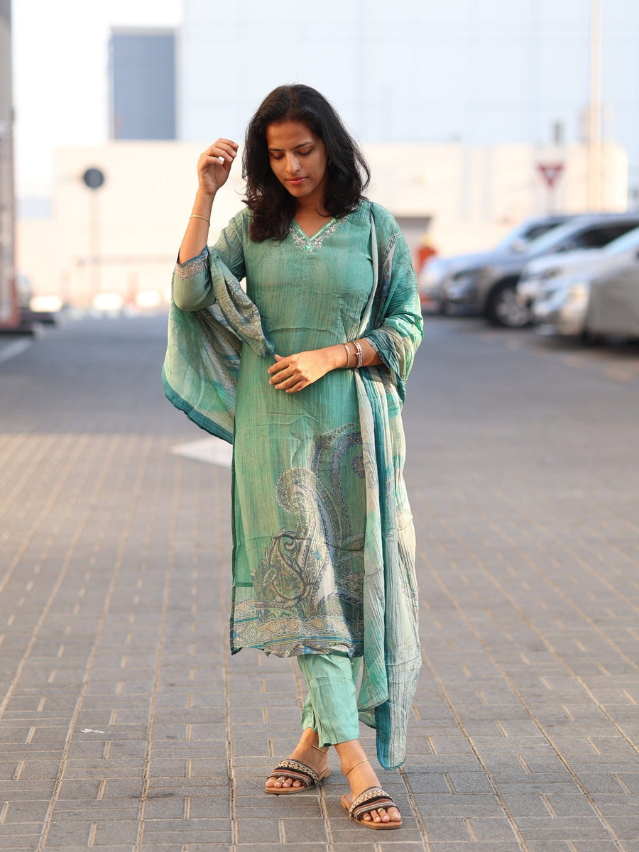 Sea Green 3/4th Sleeves Tissue Paisley Design Pull-on style Calf Length Straight-cut Kurta Set - With Dupatta