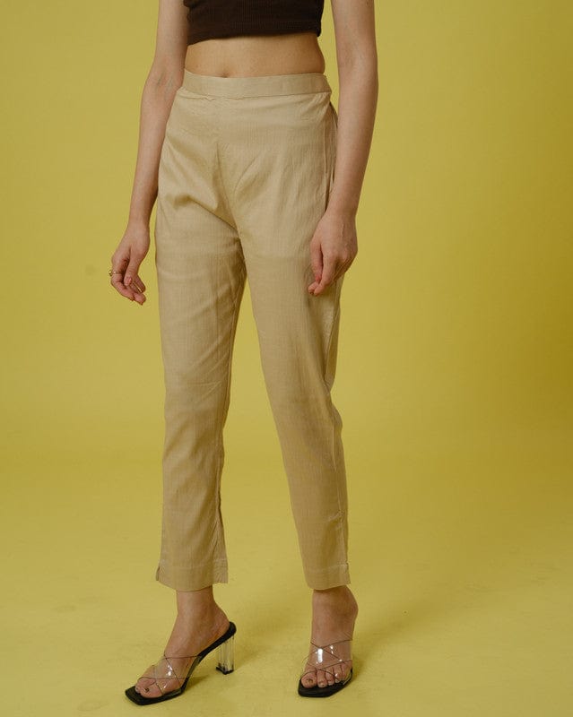 Khaki Cotton Slub Solid Regular Ankle Length Trouser