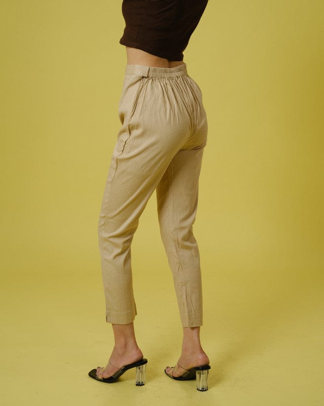 Khaki Cotton Slub Solid Regular Ankle Length Trouser